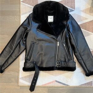 Abercrombie & Fitch Black Vegan Leather Jacket with Plush Collar